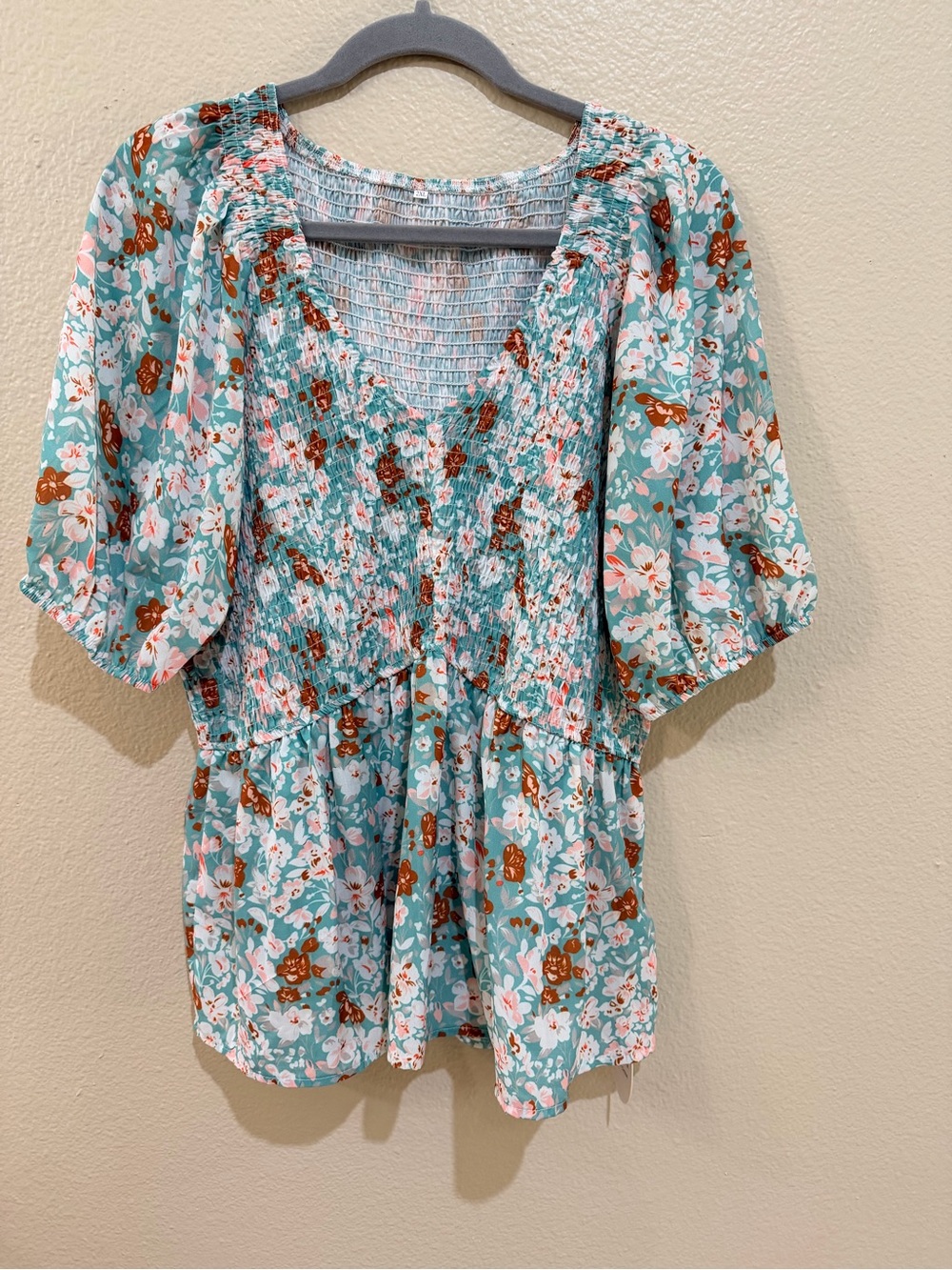 Qearal Floral Smocked Peplum Blouse 2XL NWT Aqua Blue Puff Sleeve Cottagecore
